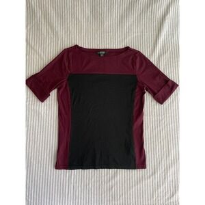 Lauren Ralph Lauren Women Colorblock Boat Neck Cuffed Sleeve Top Burgundy Large
